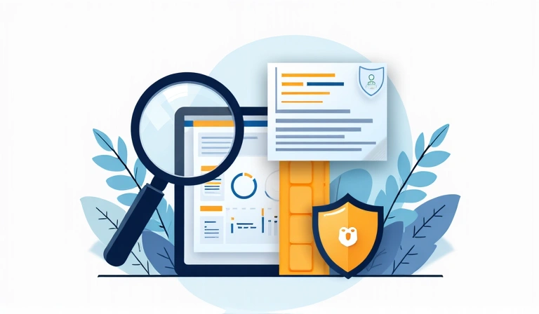 Ilustracja przedstawiająca cele biznesowe i ochronę danych, z ikonami lupy, tarczy i wykresu